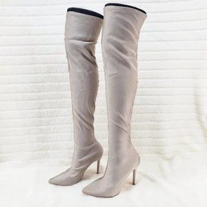 ☆ Cape Robbin Tan Stretch Spandex Pointy Toe OTK Thigh Boot High Heels